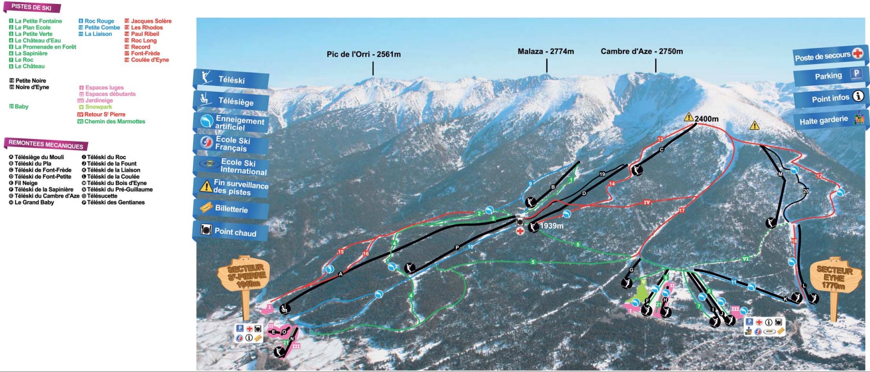 Plan des pistes de Cambre d'Aze avec nom des pistes